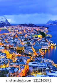 View Of Alesund, Norway At Night In Winter.