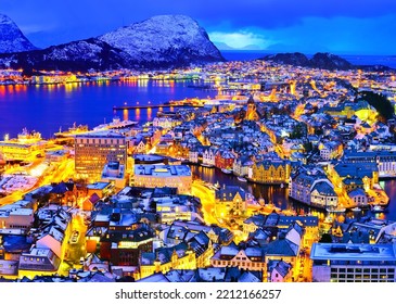 View Of Alesund, Norway At Night In Winter.