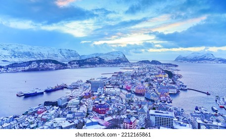 View Of Alesund, Norway At Sunset In Winter.