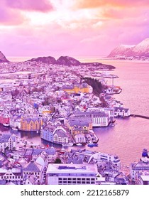 View Of Alesund, Norway At Sunset In Winter.