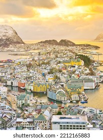 View Of Alesund, Norway At Sunset In Winter.