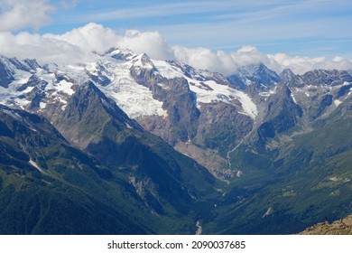 View of the Alibek glacier from Mount Moussa-Achitara. Karachay-Cherkessia, Russia