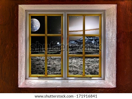 View of an alien landscape with supernova through a window - Elements of this image furnished by NASA