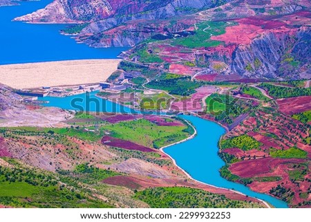 View of Alkumru Dam and Hydroelectric Power Plant and Botan Valley from Tillo Nature Park. Southeastern Anatolia Region, Siirt, Turkey. Stock photo © 