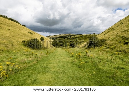 A view along the grass path at the bottom of Devil's Dyke in Sussex
