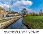 A view along the River Welland and Riverside Park in Stamford, Lincolnshire, UK in springtime