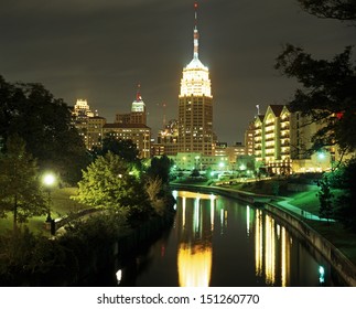 View Along The Riverwalk At Night, San Antonio, Texas, USA.