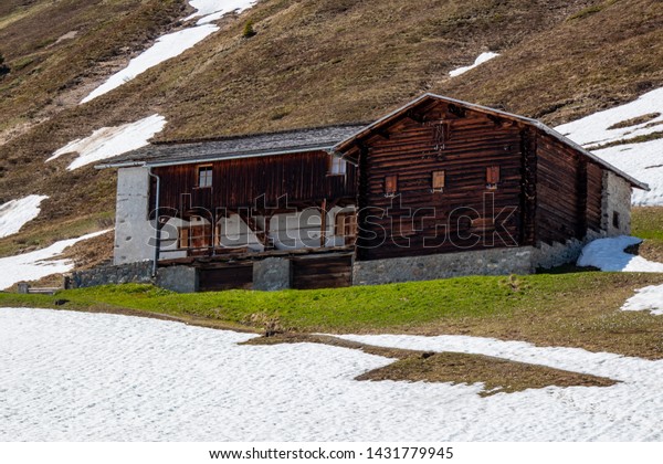 View Alpine Hut Snowy Mountains Background Stock Photo Edit Now