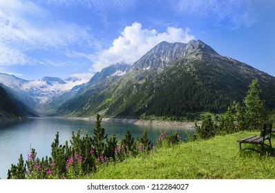 View of the alpine lake Schlegeis in the valley Zillertal, Austrian Alps 