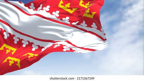 View Of The Alsace Flag Waving In The Wind On A Clear Day. Alsace Is A Cultural Region And A Territorial Collectivity In Eastern France. Selective Focus