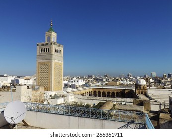 View Of The Al-Zaytouna Mosque And The Skyline Of Tunis.
The Mosque Is A Landmark Of Tunis. In The Background The Modern Buildings Of The New City Or 