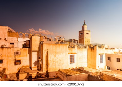 View Of The Al-Zaytuna Mosque And The Skyline Of Tunis At Dawn. The Mosque Is A Landmark Of Tunis. Tunisia, North Africa.