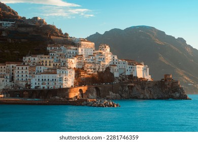 view of amalfi, amalfi coast, amalfi cathedral, sea, tranquility of the amalfi coast and symbols of mediterranean culture, naples, salerno, positano.