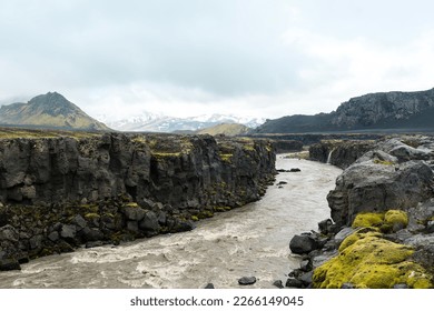 View of amazing landscape in Iceland while trekking famous Laugavegur trail