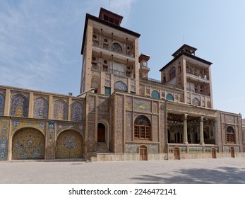 View of the amazing Shams Ol-Emareh (Edifice of the Sun) building on the east side of Golestan Palace in Tehran, Iran