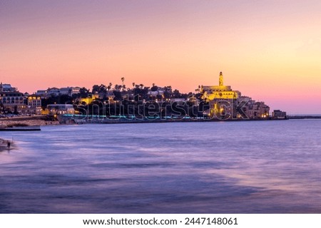 View of ancient Arabic seaport of Jaffa at dusk, Tel Aviv, Israel, Middle East