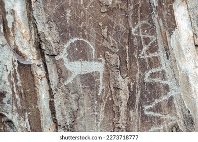 View of ancient petroglyphs in Altay mountains, Siberia, Russia