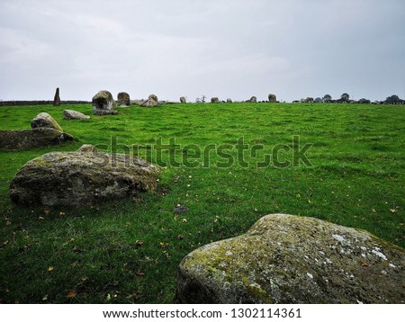 A view of an ancient stone circle in Cumbria known as Long Meg and Her Daughters