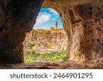 View of the ancient town of Matera, Sassi di Matera in Basilicata, southern Italy. grotto cave on Sassi di Matera