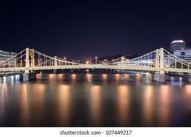 A View Of The Andy Warhol Bridge Overlooking The Allegheny River In Pittsburgh, Pennsylvania At Night