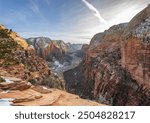 View from Angels Landing into Zion Canyon with Virgin River, Angels Landing Trail, in Winter, Mountain Landscape, Zion National Park, Utah, USA, North America