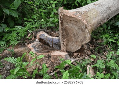 View from an angle of a recently cut down Nedun tree stump (Pericopsis mooniana) and its fallen trunk nearby.