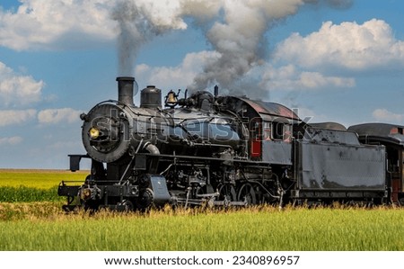 A View of an Antique Steam Passenger Train Approaching, Traveling Thru Rural Countryside, Blowing Smoke, on a Sunny Spring Day