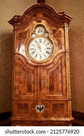 View of antique wooden grandfather clock in house