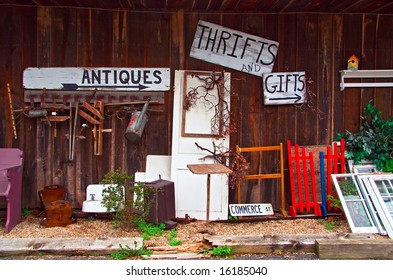 View Of Antiques Thrift Store With Various Items Displayed.