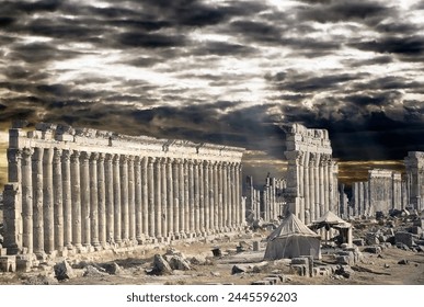 View of Apamea ruins with a dramatic sky, Syria. Apamea, on the right bank of Orontes river, is found about 55 km northwest of Hama