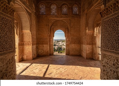 View from an arabic window  of EL Albayzin, the Arab district and Barrio Sacromonte of Granada, Spain. The window is in the Generalife palace, part of the Alhambra complex.