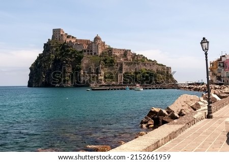 View of the Aragonese castle from the island of Ischia, Italy