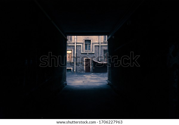 View from the arch to a small courtyard in Saint\
Petersburg, Russia