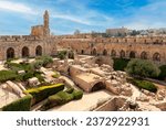 View of the archaeological finds in the courtyard and the Ottoman minaret in the Tower of David in the Old City of Jerusalem