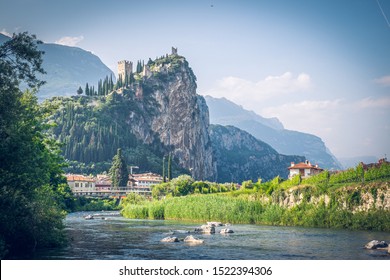 View of Arco Castle located on a prominent spur high above Arco and the Sarca Valley in Trentino, northern Italy.