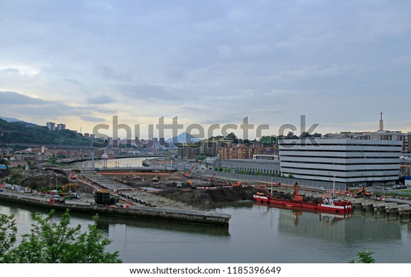 view of artificial peninsula Zorrozaurrein in the\
city Bilbao