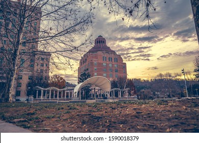 View of Asheville City Hall at sunset, the center of Asheville's city government, is an historic Art Deco brick and stone office building located on City-County Plaza in Asheville, North Carolina,USA.