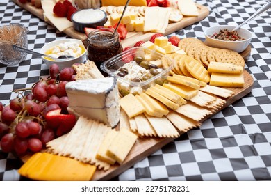 A view of an assorted cheese board.