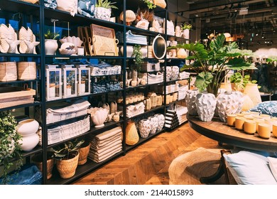 View Of Assortment Of Decor For Interior Shop In Store Of Shopping Center. Home Accessories And Household Products In Store Of Shopping Centre. Home Plant In Flower Pot.