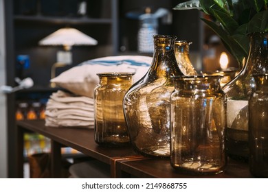 View Of Assortment Of Decor For Interior Shop In Store Of Shopping Center. Home Accessories And Household Products For Living Room In Store Of Shopping Centre. View Of Decorative Glass Vessels On