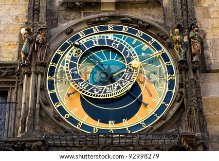 View of the astronomical clock in Prague, this a a popular tourist attraction.