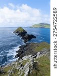 View of the Atlantic ocean from the cliffs in the ring of Kerry in Ireland on a sunny day