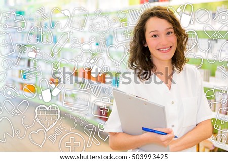 View of an Attractive pharmacist taking notes at work surrounded by icons