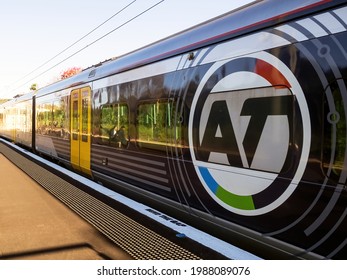 View of Auckland Transport electric train at Remuera Station. Auckland, New Zealand - June 1, 2021
