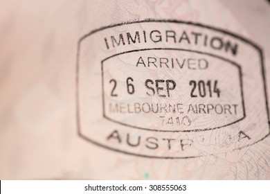 View Of An Australian Entry Stamp Visa On An European Passport.