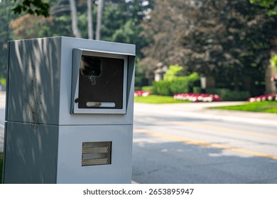 View of automatic speed radar device box on roadside.