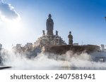 View of Ba Den mountain tourist area, Tay Ninh province, Vietnam. A unique Buddhist architecture with the highest elevation in the area view from below is very beautiful. Travel and landscape concept.