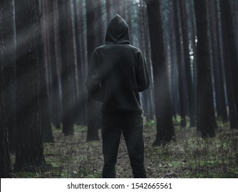 A View From The Back Of A Lone Man In A Hoodie Standing In A Dark Foggy Forest