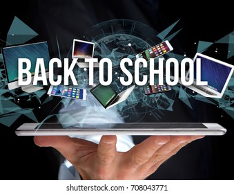 View of a Back to school title surounded by device like smartphone, tablet or laptop - Internet and communication concept