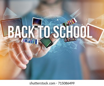 View of a Back to school title surounded by device like smartphone, tablet or laptop - Internet and communication concept - Powered by Shutterstock - Get 15% off with code: PIKWIZARD15